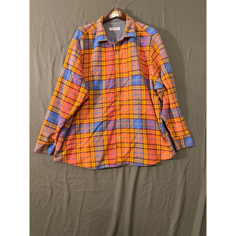 Tommy Bahama Canyon Beach Flannel Shirt Mens 3XL Orange Blue Plaid Button Down
